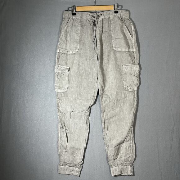 Nicole‎ Miller Linen Jogger Pants Beige Large Boho Resort Slouchy Pockets Cargo - Picture 1 of 9